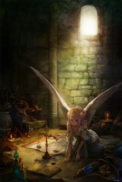Anime picture 1700x2516 with original pixiv fantasia pixiv fantasia fallen kings aka tonbo (lovetow) single tall image short hair purple eyes braid (braids) traditional clothes pointy ears kneeling light angel wings fantasy angel reading girl dress hair ornament