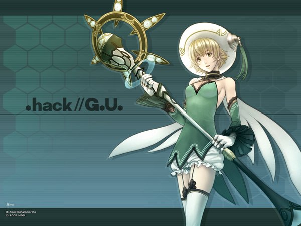 Anime picture 1600x1200 with .hack// atoli single looking at viewer short hair open mouth blonde hair holding yellow eyes copyright name halterneck girl thighhighs dress gloves detached sleeves white gloves headdress garter straps staff