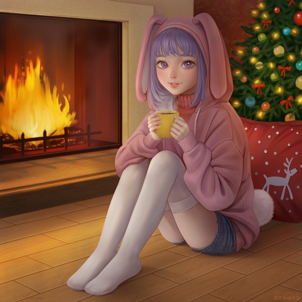 Anime picture 1200x1200 with original cristal (cristalavi) shiyukisan single looking at viewer short hair sitting purple eyes animal ears purple hair full body bent knee (knees) tail long sleeves parted lips animal tail fingernails light smile bunny ears no shoes