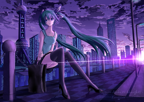Anime picture 1131x800 with vocaloid hatsune miku langjiao long hair blue eyes sitting twintails bare shoulders sky cloud (clouds) aqua hair city evening sunset checkered floor girl thighhighs black thighhighs
