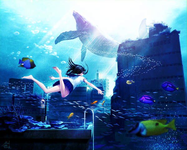 Anime picture 1048x844 with original mocha (cotton) long hair black hair barefoot from behind sunlight underwater sunbeam swimming girl uniform animal serafuku building (buildings) fish (fishes) whale coral