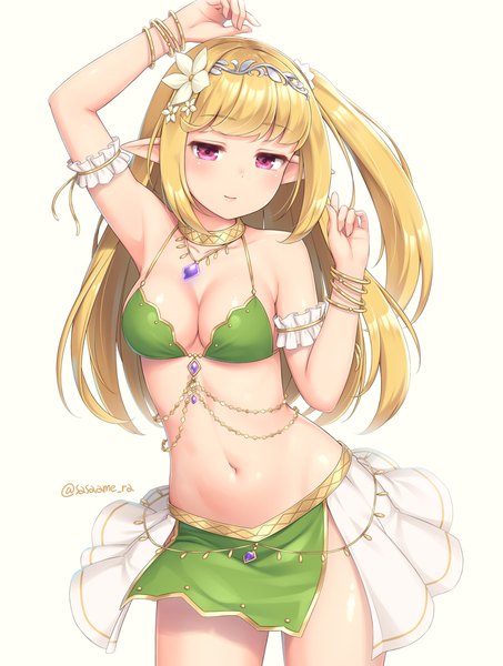 Anime picture 800x1060 with original sasaame single long hair tall image looking at viewer blush fringe breasts light erotic simple background blonde hair standing white background twintails signed payot cleavage pink eyes arm up