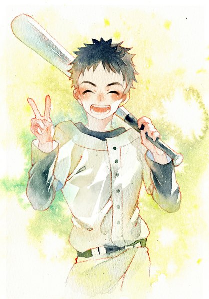 Anime picture 650x931 with ookiku furikabutte a-1 pictures tajima yuuichirou rei (pixiv4656825) single tall image short hair open mouth black hair eyes closed victory happy traditional media freckles watercolor (medium) baseball boy uniform baseball bat baseball uniform