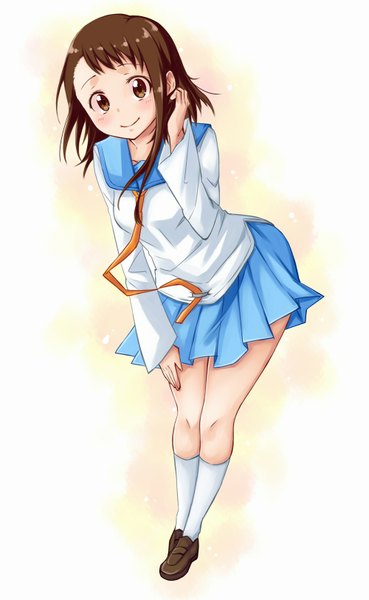 Anime picture 1000x1625 with nisekoi shaft (studio) onodera kosaki arios (orochi yuta) single tall image looking at viewer blush short hair simple background smile standing brown eyes pleated skirt legs brown background girl skirt uniform school uniform