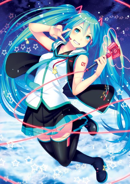 Anime picture 707x1000 with vocaloid hatsune miku koko (koko3) single tall image looking at viewer blush smile twintails full body very long hair aqua eyes aqua hair victory jumping girl thighhighs skirt hair ornament black thighhighs