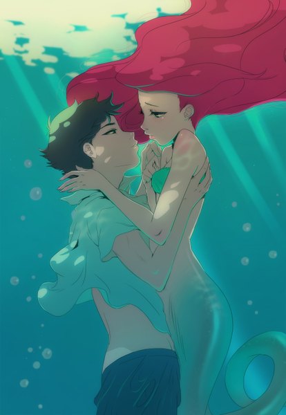 Anime picture 1024x1484 with the little mermaid disney ariel prince eric angela vianello long hair tall image short hair black hair brown hair holding red hair sunlight couple hug underwater face to face girl boy water