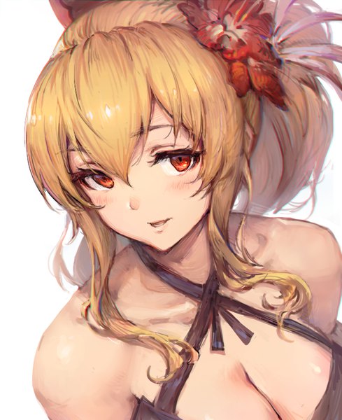 Anime picture 734x900 with granblue fantasy vira lilie haoni single long hair tall image looking at viewer blush fringe breasts simple background blonde hair red eyes white background bare shoulders cleavage ponytail parted lips hair flower from above