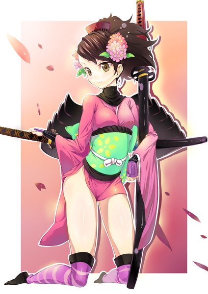 Anime picture 1240x1754 with oboro muramasa (game) vanillaware momohime ichi makoto single long hair tall image brown hair brown eyes traditional clothes japanese clothes barefoot hair flower kneeling girl thighhighs hair ornament weapon petals sword