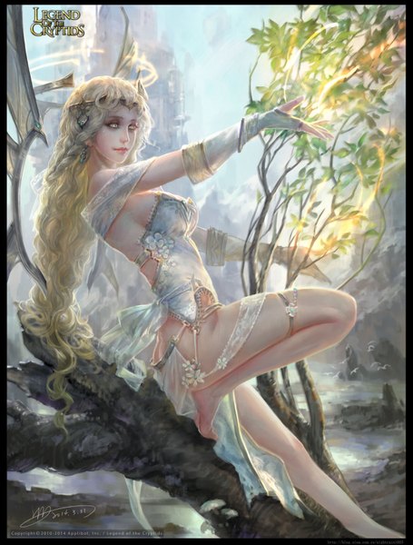 Anime picture 1215x1600 with legend of the cryptids yu-han single long hair tall image breasts light erotic blonde hair yellow eyes lips legs girl dress gloves plant (plants) earrings