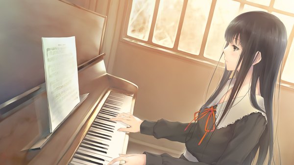 Anime picture 1280x720 with flowers (innocent grey) innocent grey shirahane suou long hair black hair wide image game cg profile black eyes girl dress uniform school uniform musical instrument piano