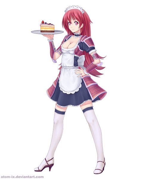Anime picture 1024x1280 with atomix single long hair tall image looking at viewer white background pink hair pink eyes maid zettai ryouiki hand on hip girl thighhighs white thighhighs food headdress hairband sweets maid headdress cake