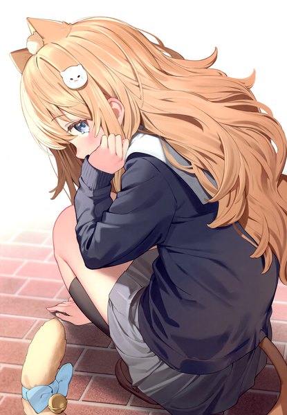 Anime picture 2395x3464 with original nyum single long hair tall image looking at viewer blush fringe highres blue eyes simple background blonde hair hair between eyes animal ears tail long sleeves animal tail profile cat ears scan