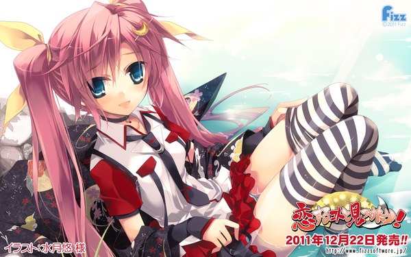 Anime picture 1920x1200 with minazuki haruka single long hair looking at viewer highres blue eyes wide image twintails pink hair girl thighhighs skirt hair ornament miniskirt necktie hairclip striped thighhighs