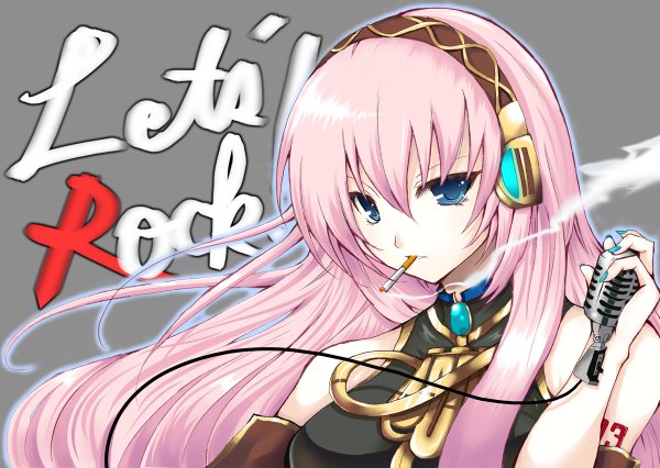 Anime picture 1200x852 with vocaloid megurine luka yuki mizore single long hair blue eyes pink hair inscription smoking girl hairband headphones microphone wire (wires) cigarette