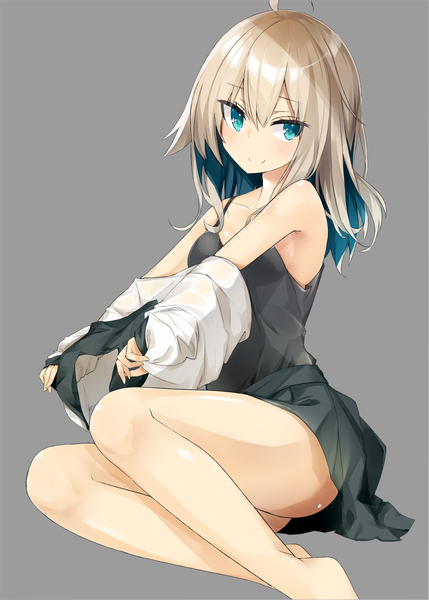 Anime picture 801x1120 with original kavka single long hair tall image looking at viewer blush fringe light erotic simple background blonde hair smile hair between eyes sitting bare shoulders blue hair ahoge bent knee (knees) pleated skirt multicolored hair