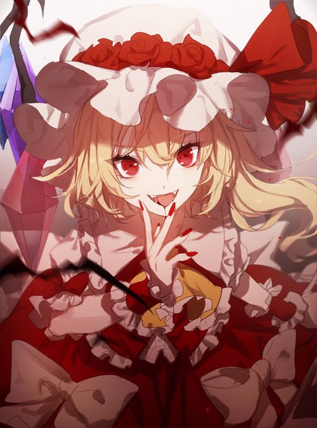 Anime picture 1000x1351 with touhou flandre scarlet no-kan single tall image looking at viewer fringe short hair open mouth blonde hair hair between eyes red eyes nail polish :d from above side ponytail hand to mouth red nail polish vampire >:d