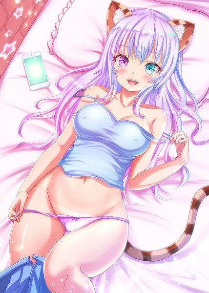 Anime picture 1225x1718 with original tenzeru single long hair tall image looking at viewer blush fringe breasts open mouth light erotic smile hair between eyes large breasts purple eyes bare shoulders animal ears payot cleavage purple hair