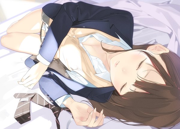 Anime picture 1100x787 with original ama mitsuki single long hair blush fringe light erotic brown hair cleavage lying eyes closed thigh gap on side sleeping partially open clothes girl uniform underwear panties school uniform