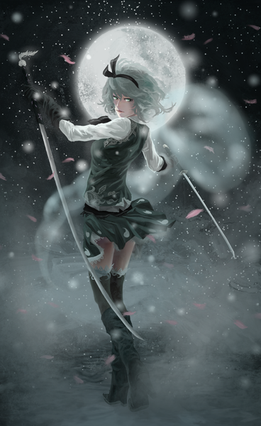 Anime picture 1165x1900 with touhou konpaku youmu akaikitsune single tall image short hair holding green eyes silver hair looking back lips snowing winter ghost dual wielding girl thighhighs skirt weapon black thighhighs