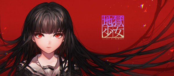 Anime picture 1280x559 with hell girl studio deen enma ai kawacy single looking at viewer fringe black hair simple background red eyes wide image signed blunt bangs very long hair shadow copyright name floating hair hieroglyph portrait red background