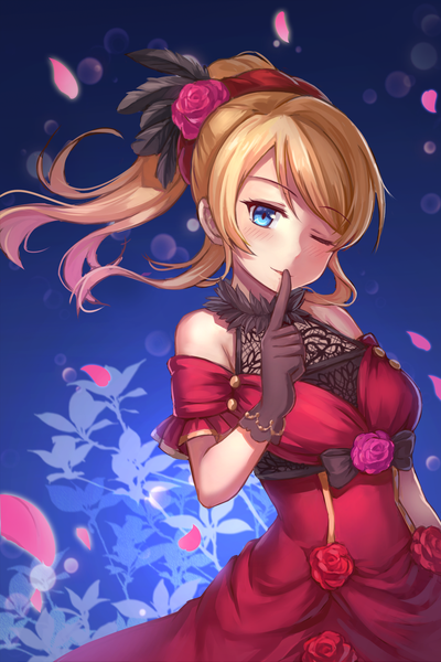 Anime picture 1000x1500 with love live! school idol project sunrise (studio) love live! ayase eli miazi single long hair tall image looking at viewer blush fringe blue eyes blonde hair smile bare shoulders ponytail one eye closed wink floral print finger to mouth