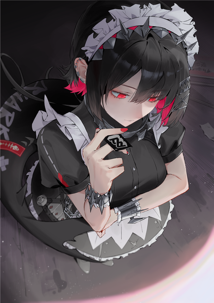 Anime picture 2480x3508 with zenless zone zero ellen joe gmirror1 single tall image fringe highres short hair black hair hair between eyes red eyes nail polish multicolored hair from above maid piercing looking down ear piercing colored inner hair red nail polish