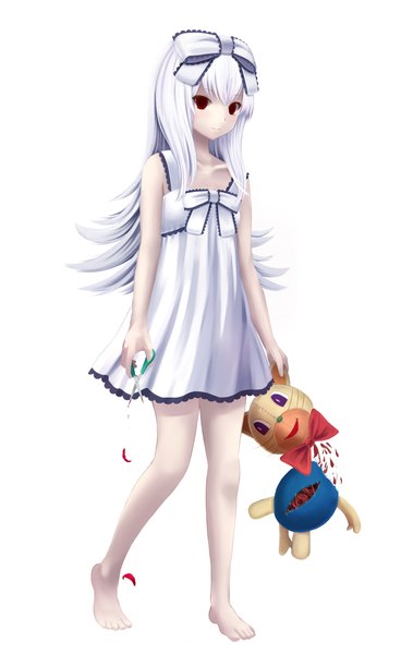 Anime picture 1240x2020 with original megimegyo single long hair tall image blush simple background red eyes white background white hair barefoot bare legs girl dress bow hair bow toy stuffed animal scissors