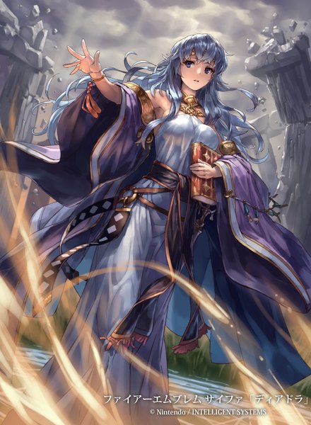 Anime picture 596x811 with fire emblem fire emblem: genealogy of the holy war fire emblem cipher diadora (fire emblem) mismi single long hair tall image fringe breasts blue eyes standing bare shoulders holding blue hair looking away cloud (clouds) outdoors parted lips wide sleeves