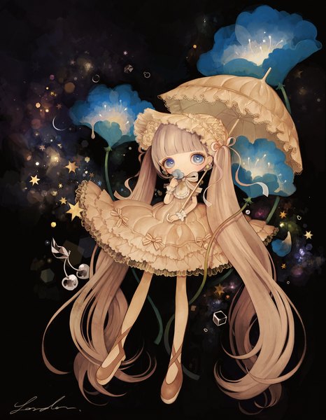 Anime picture 1206x1552 with original london222 single tall image blush blue eyes blonde hair twintails signed looking away very long hair black background girl dress flower (flowers) hat earrings food star (symbol) umbrella