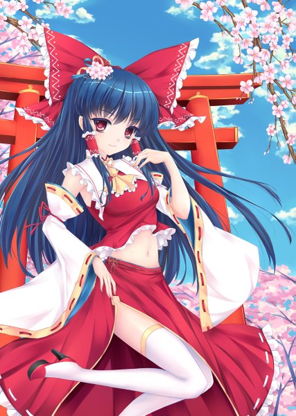 Anime picture 855x1200 with touhou hakurei reimu fred0092 single long hair tall image looking at viewer red eyes blue hair traditional clothes midriff cherry blossoms miko alternate eye color girl thighhighs navel bow plant (plants) hair bow