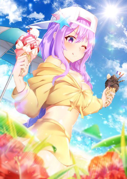 Anime picture 1264x1778 with fate (series) fate/grand order bb (fate) (all) bb (swimsuit mooncancer) (fate) maze yuri single long hair tall image looking at viewer blush fringe breasts light erotic hair between eyes standing purple eyes bare shoulders holding payot sky