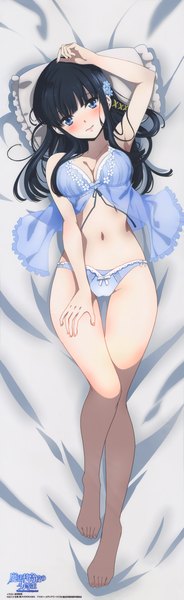 Anime picture 2230x7261 with mahouka koukou no rettousei shiba miyuki ikawa waki single long hair tall image blush highres blue eyes light erotic black hair underwear only dakimakura (medium) girl navel hair ornament underwear panties lingerie bra