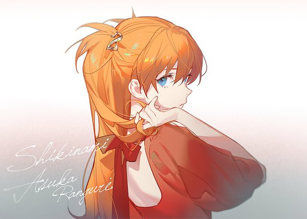 Anime picture 1000x714 with neon genesis evangelion rebuild of evangelion gainax soryu asuka langley shikinami asuka langley ask (askzy) single long hair looking at viewer fringe blue eyes simple background hair between eyes upper body profile arm up orange hair two side up character names gradient background