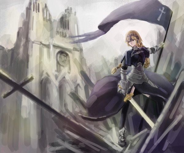 Anime picture 2868x2384 with fate (series) fate/apocrypha fate/zero type-moon jeanne d'arc (fate) (all) jeanne d'arc (fate) godisillusion single long hair fringe highres purple eyes looking away braid (braids) girl dress gloves hair ornament weapon sword