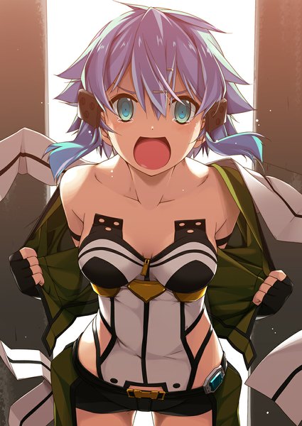 Anime picture 836x1180 with sword art online a-1 pictures asada shino shikei single tall image looking at viewer fringe short hair breasts open mouth light erotic standing bare shoulders holding payot purple hair aqua eyes :o tears