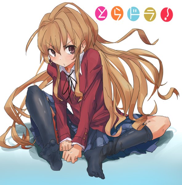 Anime picture 1477x1500 with toradora j.c. staff aisaka taiga single long hair tall image looking at viewer blush simple background brown hair white background sitting brown eyes no shoes legs hieroglyph girl thighhighs skirt uniform