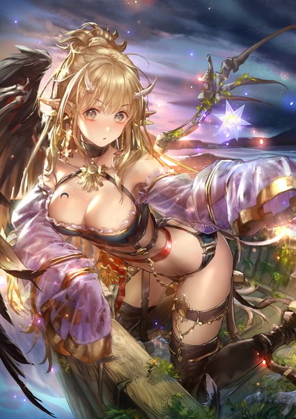 Anime picture 1000x1413 with original liiko single long hair tall image looking at viewer fringe light erotic blonde hair bare shoulders cloud (clouds) outdoors blunt bangs horn (horns) pointy ears night tattoo leaning leaning forward night sky