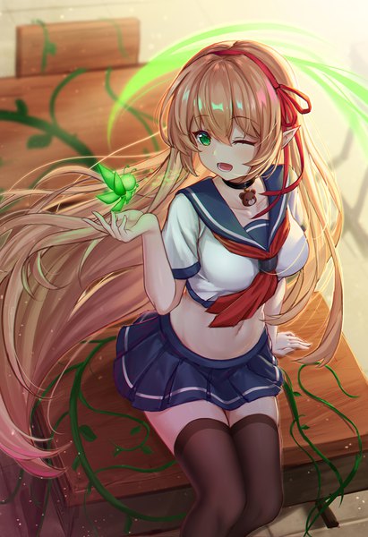 Anime picture 1500x2185 with shadowverse arisa (shadowverse) dddsunsky single long hair tall image blush fringe breasts open mouth blonde hair smile hair between eyes sitting green eyes payot bent knee (knees) indoors head tilt pleated skirt
