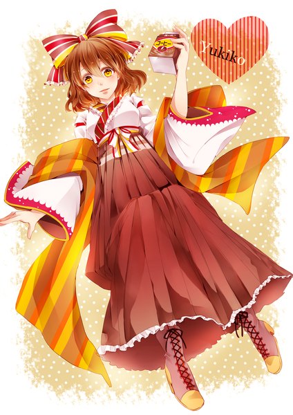 Anime picture 1000x1414 with yukijirushi yukiko-tan mot single long hair tall image looking at viewer blush brown hair yellow eyes traditional clothes girl bow hair bow boots