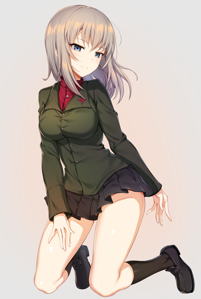 Anime picture 1009x1500 with girls und panzer itsumi erika ikomochi single long hair tall image fringe blue eyes simple background looking away silver hair full body long sleeves head tilt pleated skirt light smile grey background shiny skin kneeling gradient background