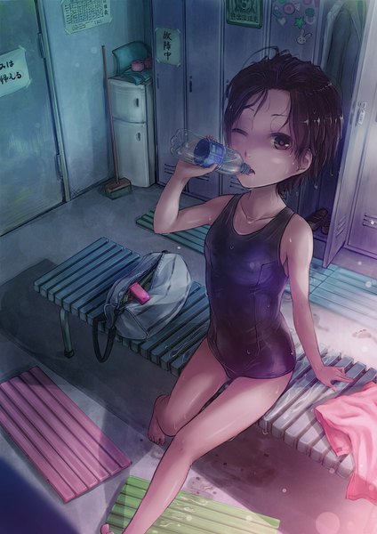 Anime picture 1414x2000 with original lif (lif-ppp) tall image short hair light erotic black hair sitting brown eyes one eye closed wink drinking girl swimsuit one-piece swimsuit bottle school swimsuit
