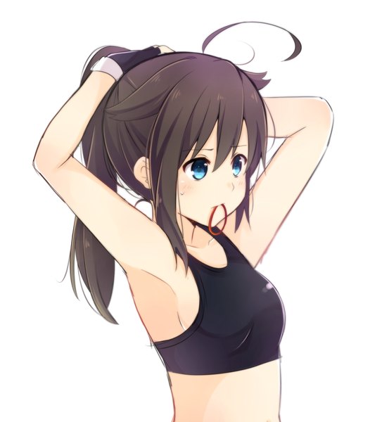 Anime picture 1080x1170 with kantai collection shigure destroyer yukichi (eikichi) single long hair tall image fringe blue eyes light erotic simple background brown hair holding ahoge braid (braids) mouth hold adjusting hair tying hair hair tie in mouth girl gloves