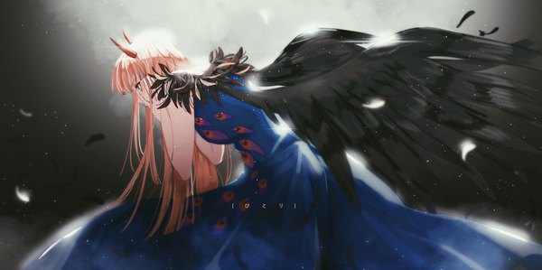 Anime picture 3543x1771 with darling in the franxx studio trigger zero two (darling in the franxx) cheesemochii single long hair fringe highres simple background wide image looking away pink hair horn (horns) aqua eyes fingernails sleeveless tears gradient background looking down light