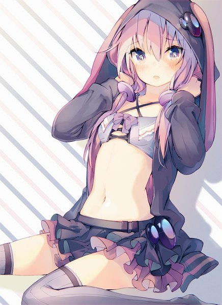 Anime picture 2000x2750 with vocaloid yuzuki yukari yatsuha (hachiyoh) single long hair tall image looking at viewer blush fringe highres open mouth light erotic sitting twintails purple eyes animal ears pink hair purple hair ahoge bent knee (knees)