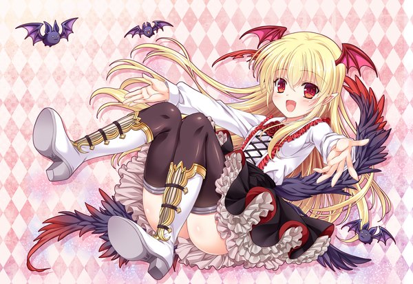 Anime picture 1500x1034 with granblue fantasy vampy ankoromochi single long hair looking at viewer blush open mouth light erotic blonde hair red eyes pointy ears head wings vampire girl thighhighs dress black thighhighs animal wings
