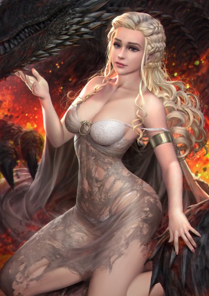 イラスト 2480x3508 と 氷と炎の歌 daenerys targaryen drogon nudtawut thongmai ソロ 長髪 長身像 カメラ目線 highres おっぱい 青い目 light erotic 金髪 大きな乳房 肩出し payot cleavage bent knee (knees) 三つ編み nail polish