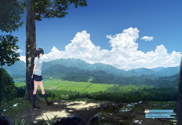 Anime picture 2780x1920 with original coffee-kizoku single looking at viewer highres short hair black hair standing sky cloud (clouds) outdoors black eyes scan inscription plaid skirt landscape scenic against tree girl skirt