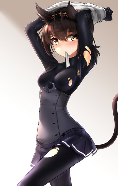 Anime picture 2788x4405 with kantai collection hatsuzuki destroyer nekodayo22 single tall image blush fringe highres short hair light erotic simple background hair between eyes brown hair holding animal ears yellow eyes looking away tail animal tail pleated skirt
