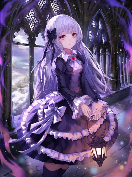 Anime-Bild 1000x1334 mit original yohaku single long hair tall image looking at viewer fringe standing holding silver hair indoors blunt bangs long sleeves pink eyes revision gothic girl dress bow hair bow