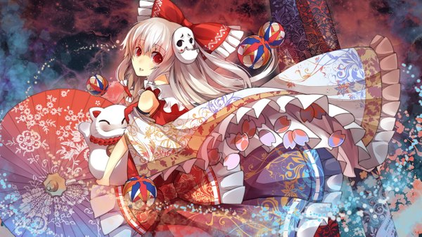 Anime picture 1546x869 with touhou hakurei reimu rain lan single long hair red eyes wide image white hair traditional clothes mask on head girl bow hair bow detached sleeves umbrella mask